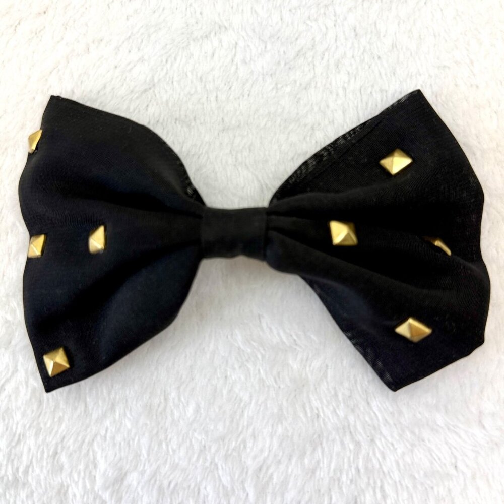 Clip On Women Hair Bow 5" Across Black w/Gold Metal Studs